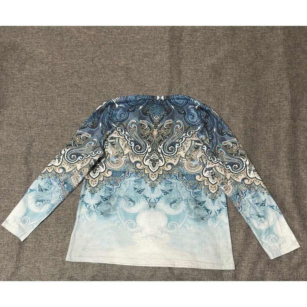 Unbranded Women XL Long Sleeve Top Blue Paisley Henley V-Neck - Picture 7 of 7